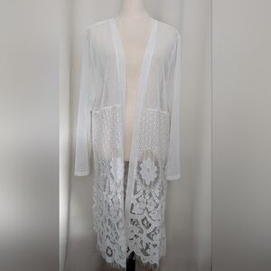 Long Elegant White Mesh Cover-up With Lace Size L